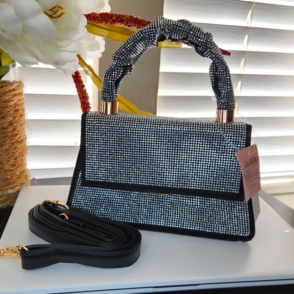 NEW!! Olivia Miller Women's Handbag With Strap Black Silver Dazzling Rhinestones - Picture 5 of 15